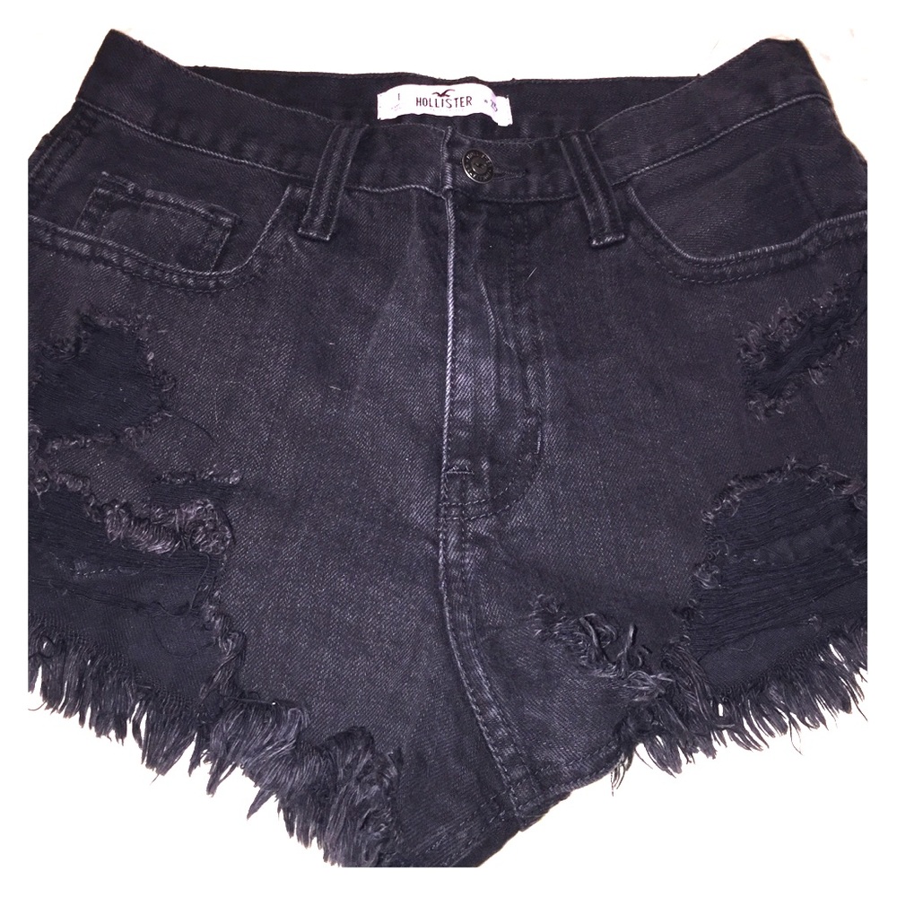 High-waisted distressed black denim shorts